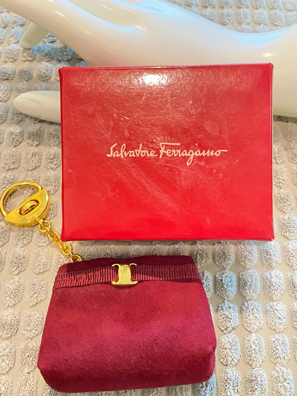 Salvatore Ferragamo Burgundy Suede Key & Card Holder with Gold Hardware